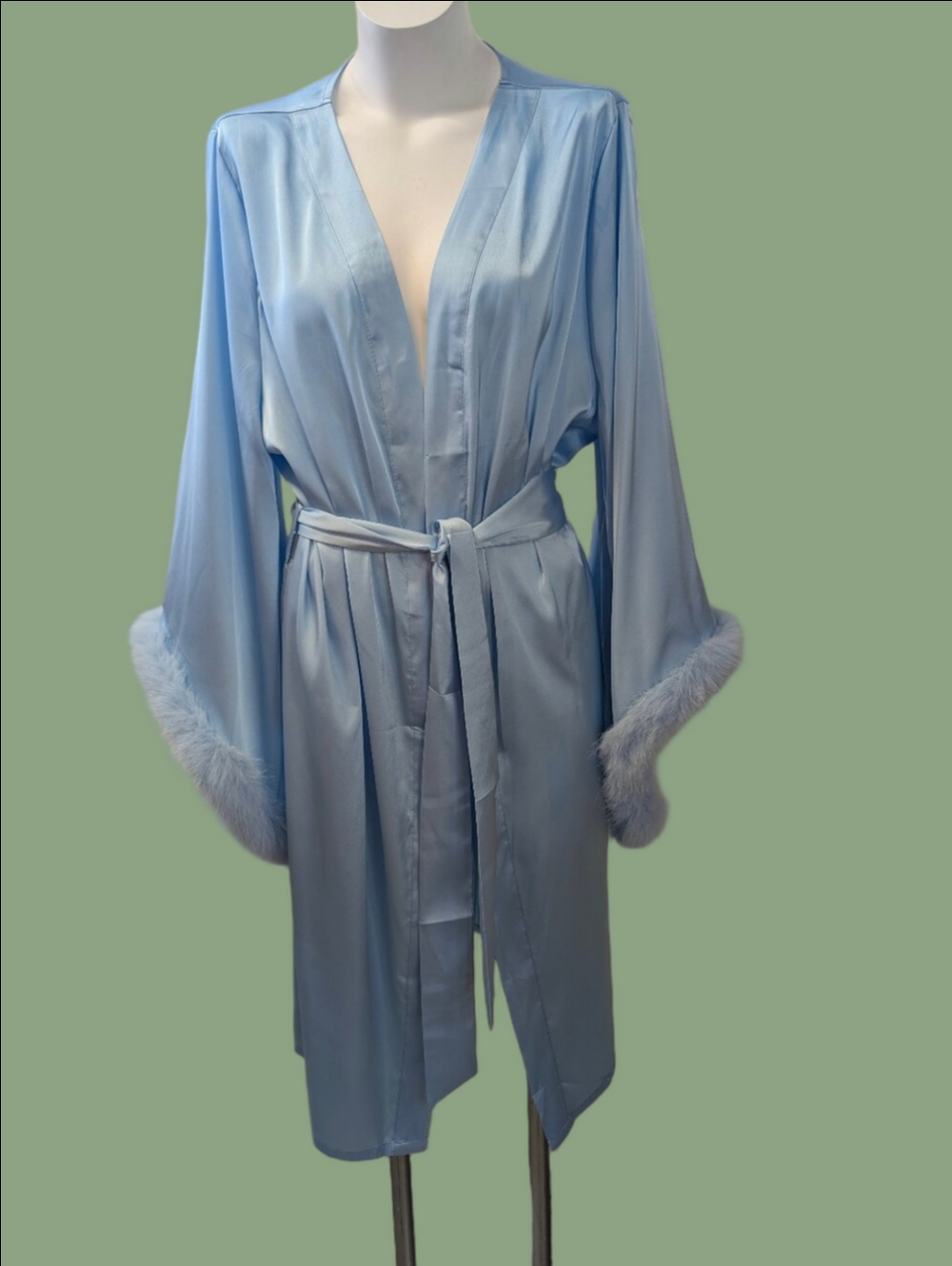 Robe Feather-Trim Sleeves Satin Fabric Belted Light Blue Sz 2XL NWT